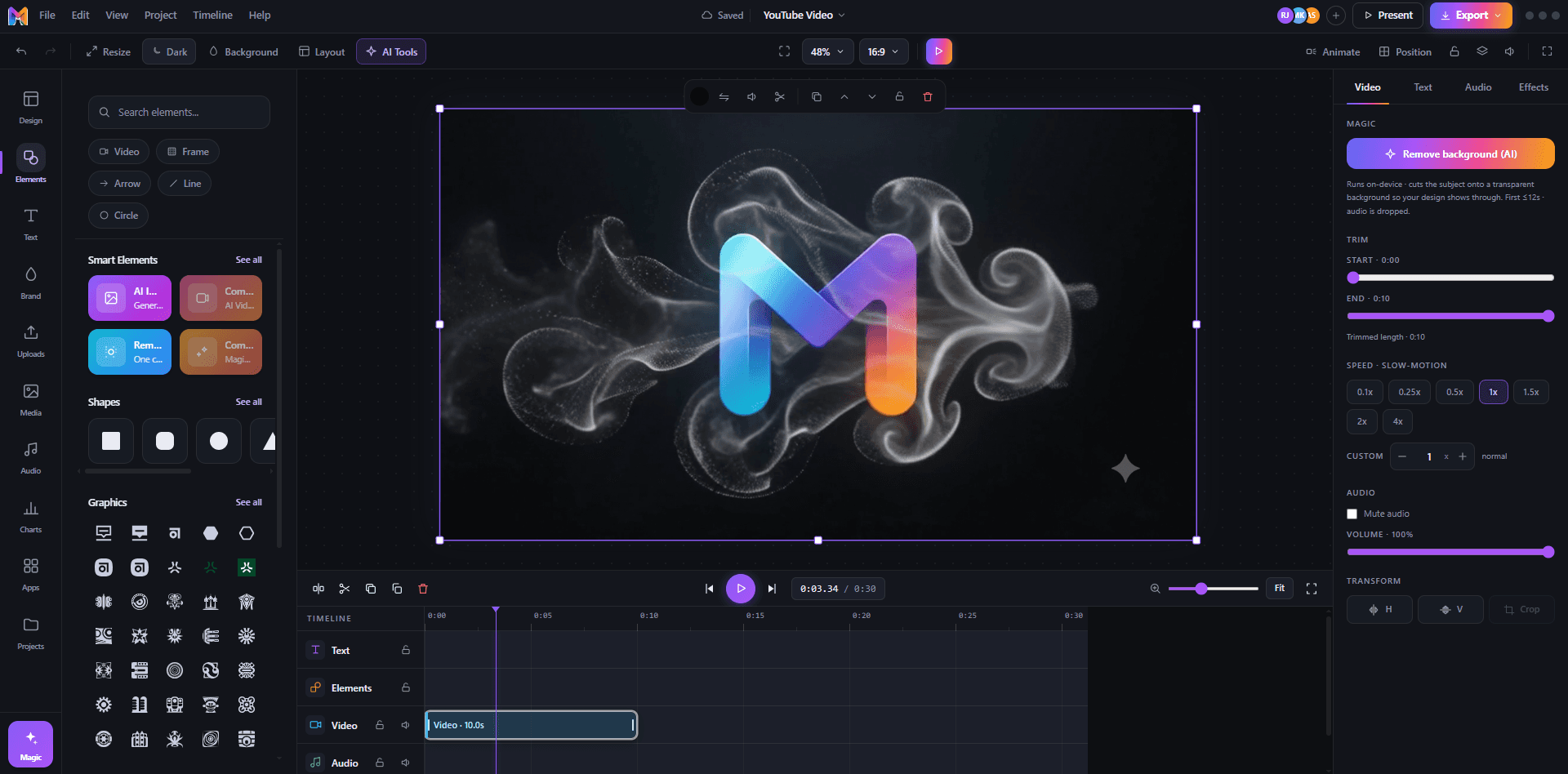 The Merdot Studio video editor · timeline, layers and AI tools